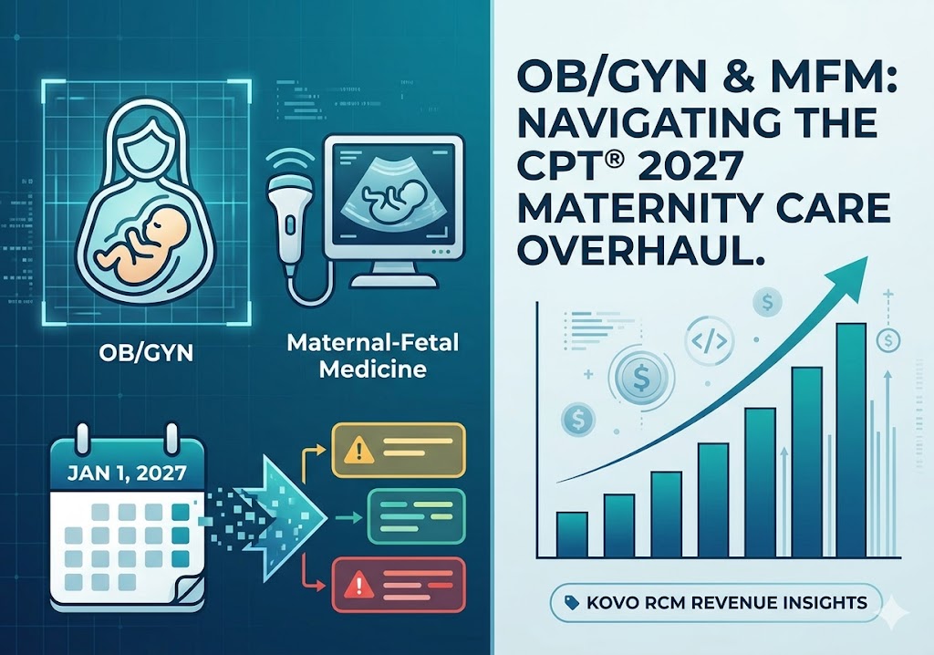 Infographic showing 2027 CPT maternity care overhaul phases for OB/GYN and MFM billing