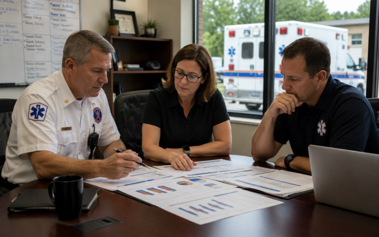 EMS leadership team reviewing financial reports and reimbursement data during a strategic planning meeting as they assess the potential impact of proposed CMS changes to GEMT and Medicaid supplemental payments.