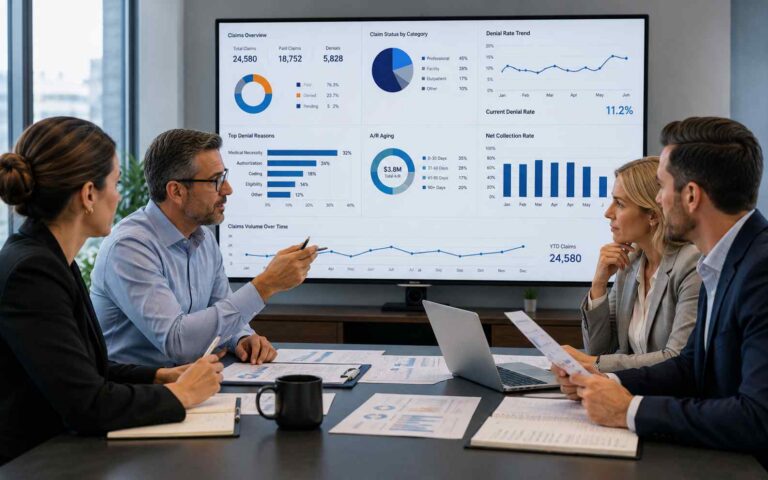 Healthcare revenue cycle professionals reviewing claims data and reimbursement analytics during a compliance meeting focused on Federal IDR operations and healthcare payment disputes.