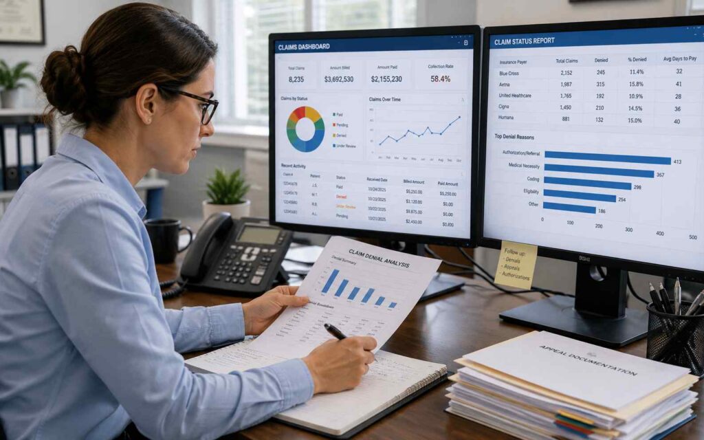 Healthcare billing specialist reviewing claims analysis reports and reimbursement data on dual computer monitors to identify payment trends and claim issues.