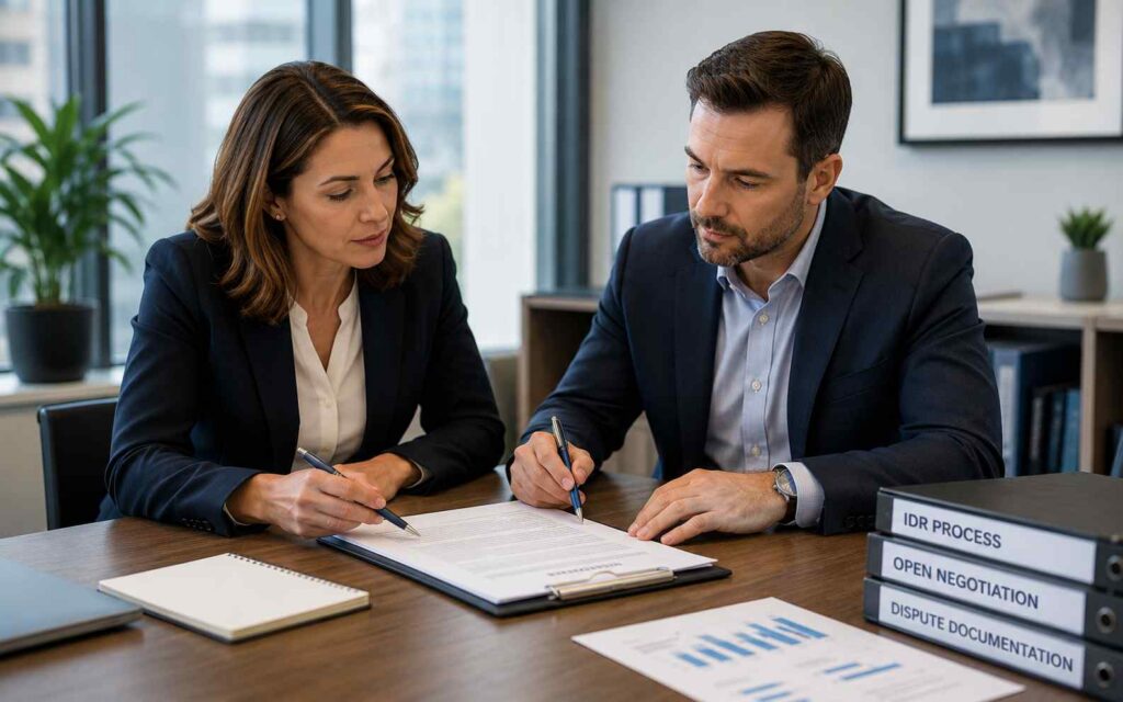 Two healthcare business professionals reviewing dispute documentation and reimbursement records during an Independent Dispute Resolution negotiation meeting.