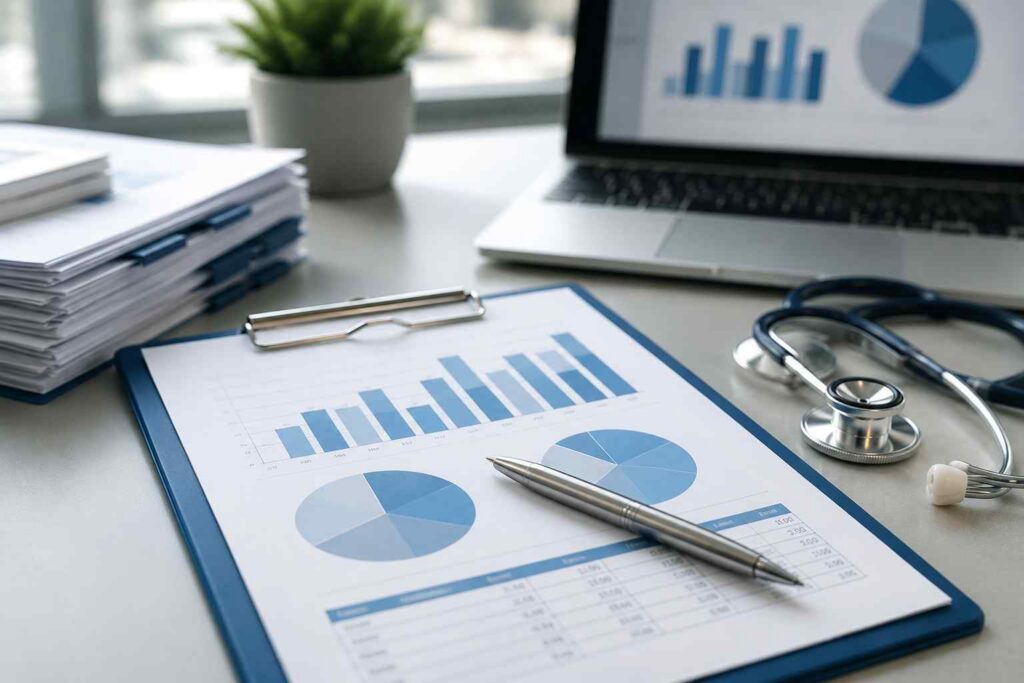 Medical revenue cycle management workspace featuring financial reports, a clipboard with analytics charts, a stethoscope, laptop, and organized medical billing documents used for healthcare claims and reimbursement analysis.