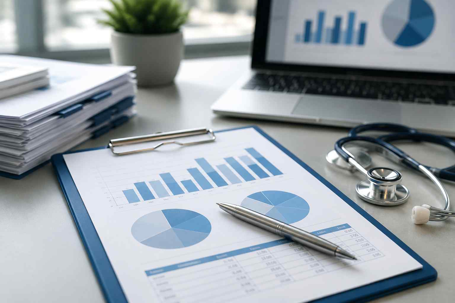 Medical revenue cycle management workspace featuring financial reports, a clipboard with analytics charts, a stethoscope, laptop, and organized medical billing documents used for healthcare claims and reimbursement analysis.