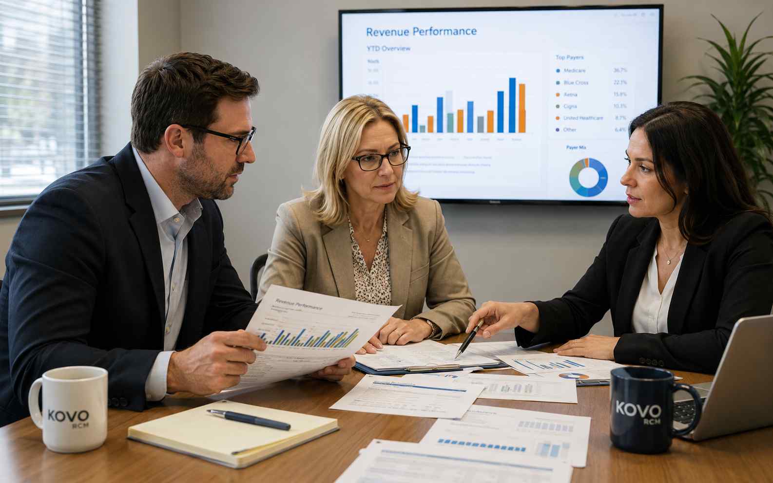 Healthcare professionals discussing medical billing performance and revenue cycle strategies to improve cash flow, reimbursement, and claim outcomes.