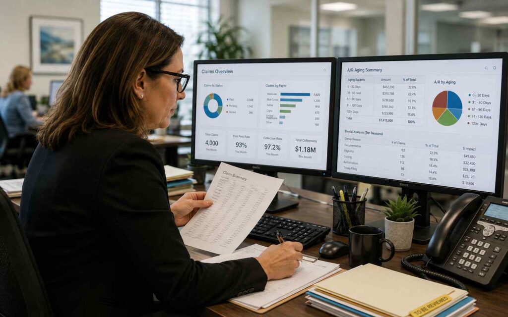 Medical billing specialist reviewing claims data, accounts receivable reports, and reimbursement metrics as part of an effective revenue cycle management workflow.