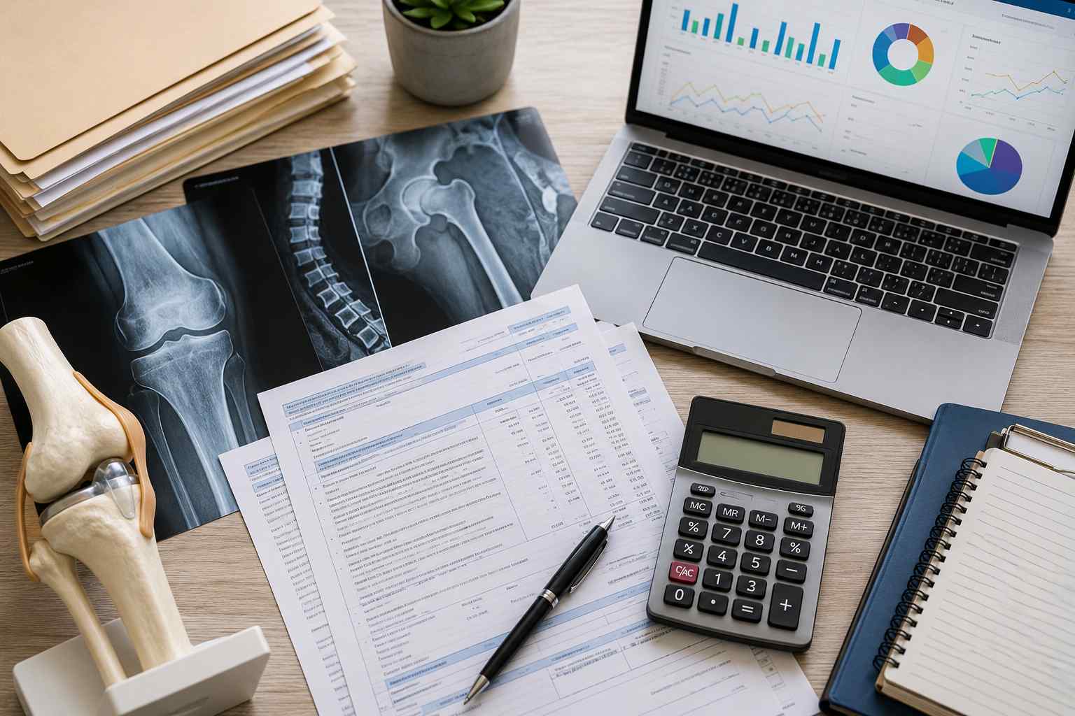 Overhead view of an orthopedic medical billing workspace featuring joint X-rays, a knee anatomical model, billing documents, calculator, and laptop with financial analytics representing orthopedic surgery billing and revenue cycle management.