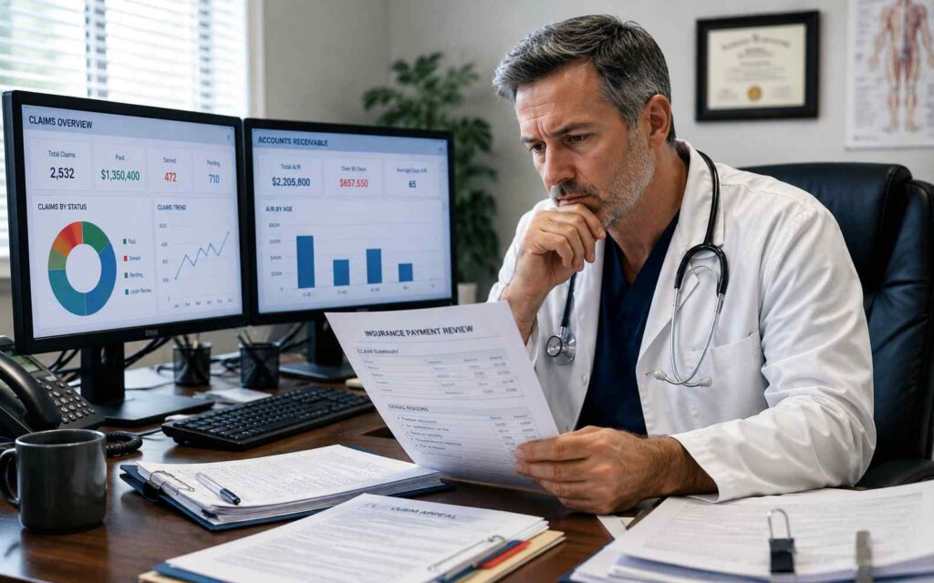 Physician reviewing insurance payment documents and reimbursement reports while analyzing claim disputes and payment challenges in a healthcare office.