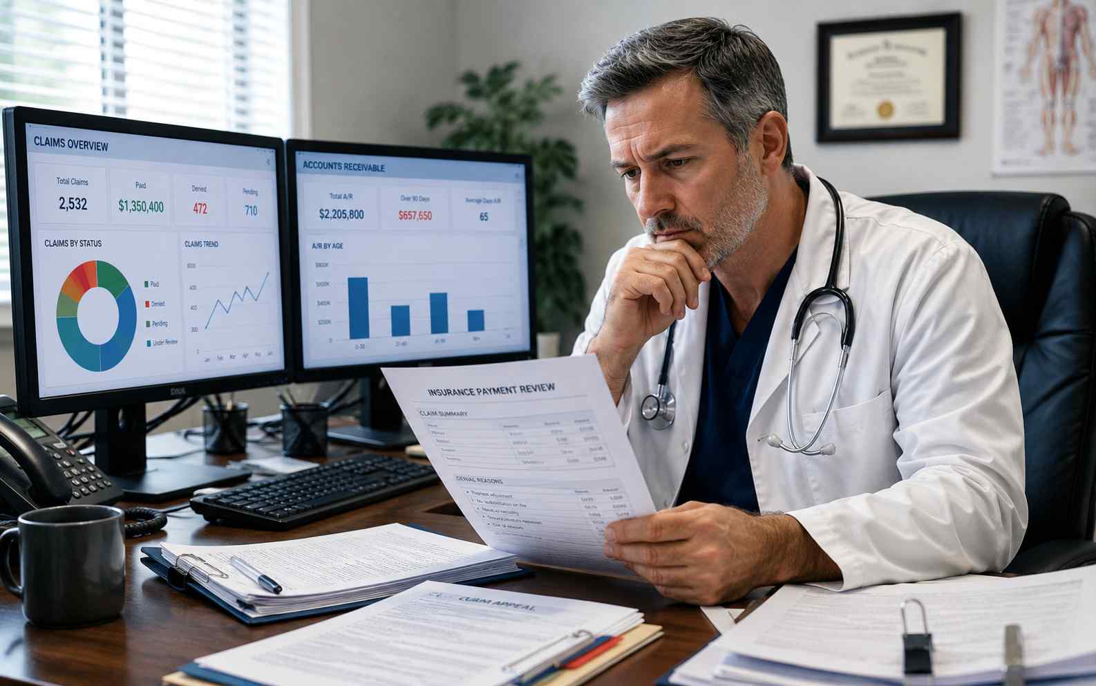 Physician reviewing insurance payment documents and reimbursement reports while analyzing claim disputes and payment challenges in a healthcare office.